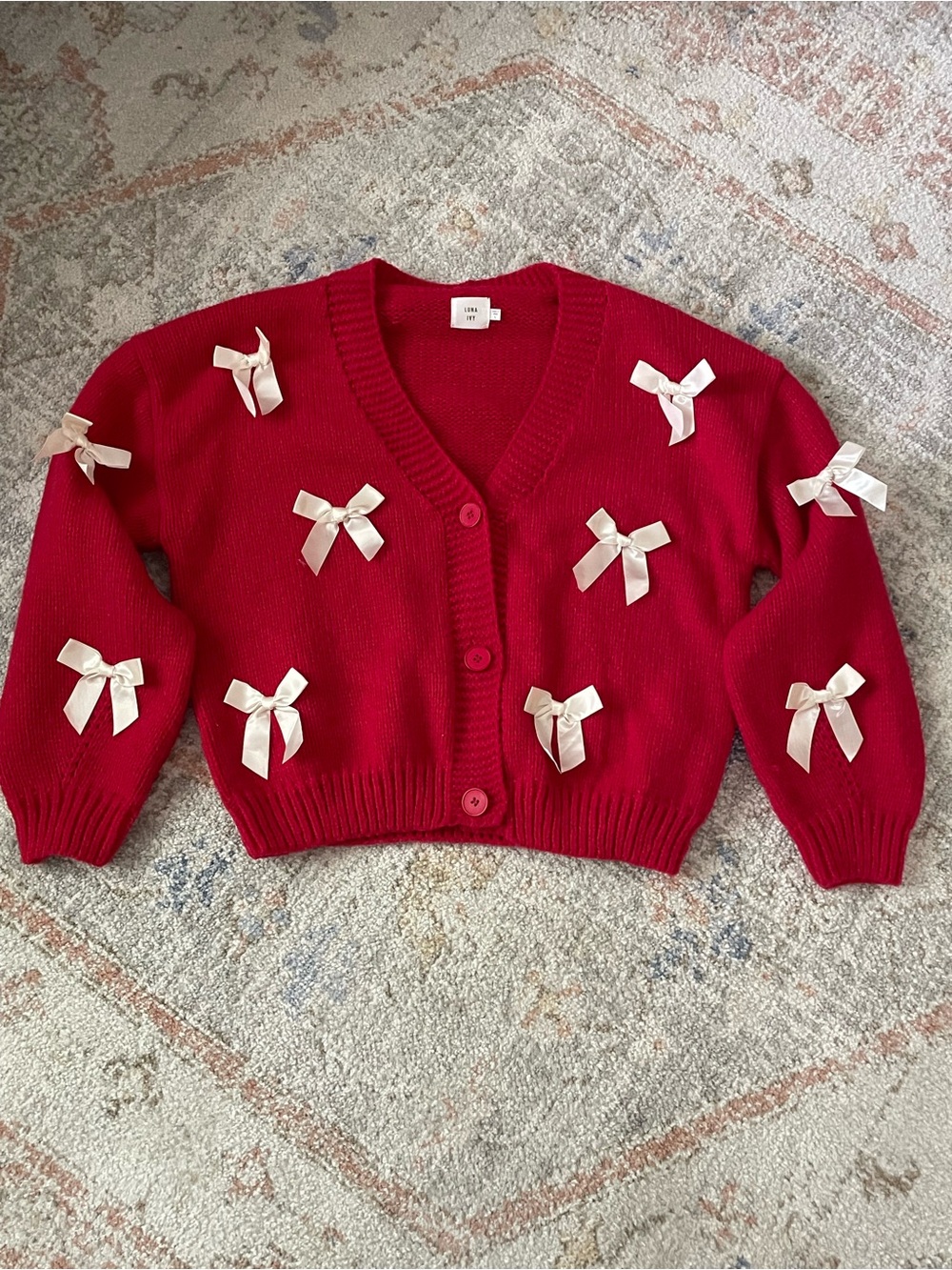 Coquette Dream: Red Knit Button-Up Cardigan with Ivory Bow Accents Size L - Picture 1 of 6
